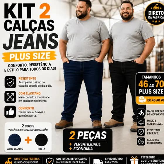 Kit 2 Calça Jeans Masculina PLUS SIZE do 50 ao 70 Tradicional Corte Reto Promoção Tecido Premium
