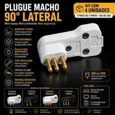 Kit 4 Peças Plugue Longitudinal Pino Macho 90° Lateral 10 e 20A 2P+T Voltim