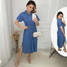 Chemise Vestido Jeans Feminino Casual Longo Tencel Moda Elegante P ao GG