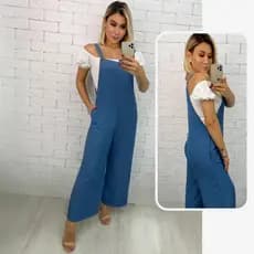 Macacão Feminino Jardineira Jeans Casual Calça Pantalona Soltinha Moda Estilosa P ao GG