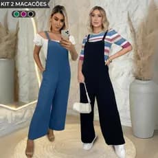 Kit 2 Macacões Femininos Jardineira Jeans e Crepe Dunas Moda Casual Pantalona Alça Regulável