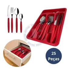 Jogo De Talheres Faqueiro 25 Peças Inox Conjunto Com Porta Garfos Colheres E Facas Organizador