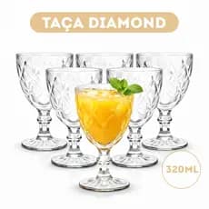 Kit 6 Taças Copo Diamond Vidro Transparente Para Bebidas 320ML Taça Para Agua Vinho Sucos Conjunto Premium Com 4 ou 6