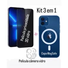 Kit3 em 1 Completo Para o seu IPhone Capa MagSafe+Pelicula Privacidade+Pelicula de Câmera Linha IPhone 11 12 13 14 15 16