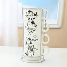 Kit 4 Xícaras Cerâmicas + 1 Suporte Torre de Metal 160ml - Pets/Gatinhos