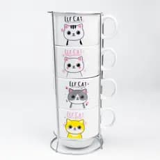 Kit 4 Xícaras Cerâmicas + 1 Suporte Torre de Metal 150ml - Pets/Gatinhos
