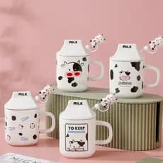 Caneca divertida de cerâmica 330ML Copo de Cerâmica + Tampa de Cerâmica + Canudo de Vidro Boneca