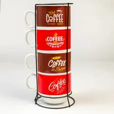 Kit 4 Xícaras Cerâmicas + 1 Suporte Torre de Metal 160ml Café Chá