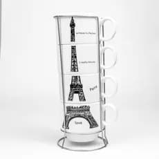 Kit 4 Xícaras Cerâmicas + 1 Suporte Torre de Metal 160ml Café Chá
