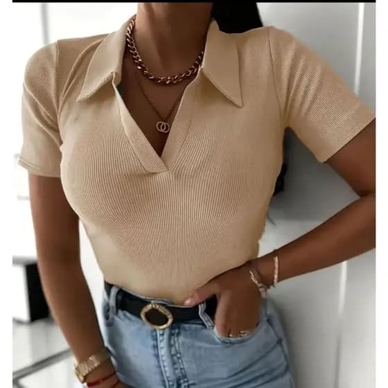 Blusa Camisa Feminina Manga Curta Gola Polo Ribana Algodão Premium