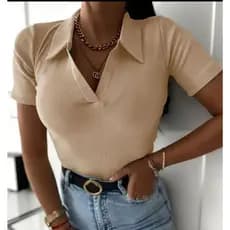 Blusa Camisa Feminina Manga Curta Gola Polo Ribana Algodão Premium