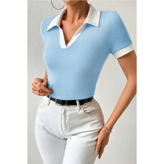 Camisa polo Bicolor Feminina Manga curta Ribana Algodao  Simples    Casual    Malhado    Diário