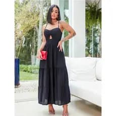 vestido longo femenino tres marias com babados VESTIDO LISO E ESTAMPADO TECIDO DUNNA