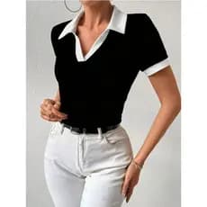 Camisa polo Bicolor Feminina Manga curta Ribana Algodão  Simples Casual Malhado  Diário blusa Polo