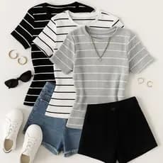 Kit 3 Blusa Feminina Ribana Listrada e lisa Básica Bicolor Tendencia verão 2024. Blusa Baby Look