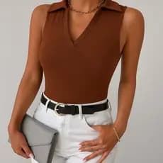 Regata Gola Polo Blusa Básica Lisa Feminina Tecido Ribana Algodão Camiseta Casual Moderna Tendência