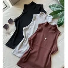 Kit 3 Peças Regata De Gola Alta Tecido Ribana de algodão Regata Básica Comprida Moda Blogueira Moda Inverno