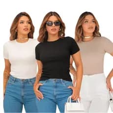 Blusa Femenina Ribana Listrada e lisa Básica en algodao Americana Blusa Manga Curta Baby Look