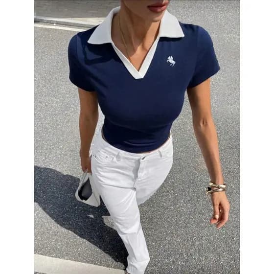 Camisa Polo Bicolor  Feminina de Manga Curta Ajustada com Gola Bordada Tecido Ribana Algodão   2 em 1    Escola