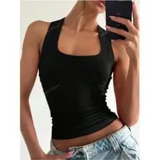 Regata Feminina  Básica Alça Larga Gola Quadrada Blusinha Elegante Tecido Ribana Promoção Preto/bege/chocolate