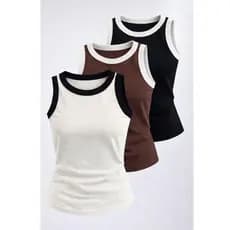 Kit 3 Peças Regata Feminina Bicolor Básica Ribana Algodão Canelada Americana Verão Blogueira