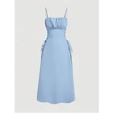 Vestido Longo com Busto Franzido e Cadarços de lado Com Zíper nas costas Tecido Sensorial Marrant Casual Tecido Franzido