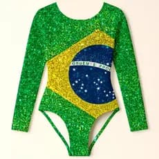 Maiô Infantil Menina Juvenil Manga Longa Proteção Solar UV50+ Roupa de Praia Banho Natação Estampas Brasil Copa Do Mundo