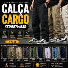 Calça Cargo Masculina Streetwear Skate 6 Bolsos Sarja Unissex Cordão Ajustável