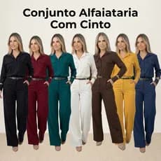 Kit Conjunto Alfaiataria com Cinto Feminino Calça Pantalona E Camisa Manga Longa Social Blogueira luxo