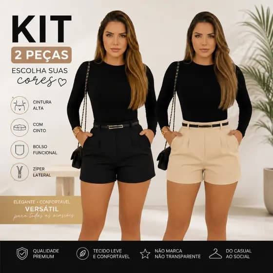 Kit 2 Shorts Alfaiataria Feminino Cintura Alta Com Cinto Bolso Zíper Social