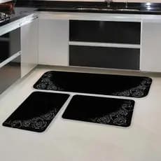 Kit Jogo 3 Peças de Tapete para Cozinha Rosas Brancas Antiderrapante Dcorô
