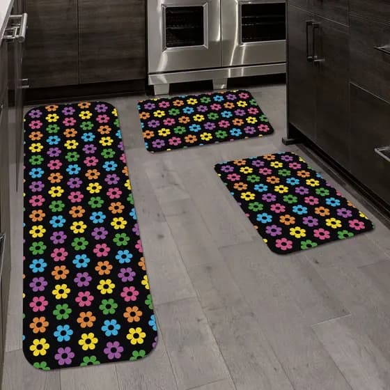 Kit Jogo 3 Peças de Tapete para Cozinha Flores Multicollor Antiderrapante Dcorô