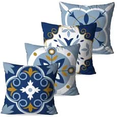 Kit 4 Capas de Almofadas para Sofá Estilo Azulejo Azul Dcorô 45x45 cm