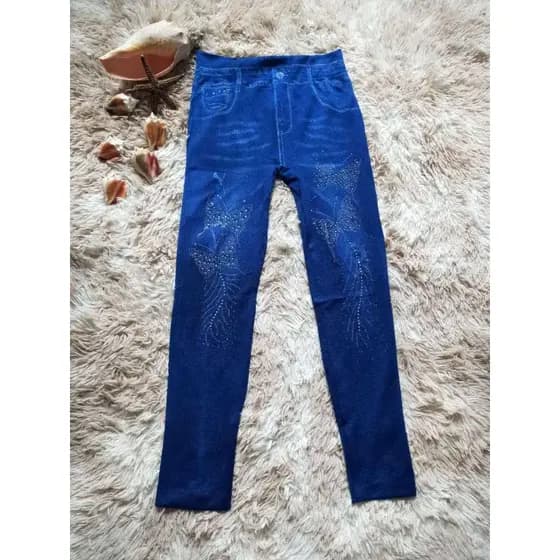legging Jeans feminina ,Com pedraria de desenho  borboleta