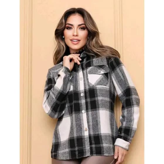 Blusa Camisa Feminina Flanelada Estampa Xadrez Quadriculada Manga Longa Moda Inverno