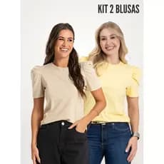 KIT 2 PEÇAS BLUSA FEMININA MANGA BUFANTE DE ALGODÃO LISA SERENA AMARELO CLARO E BEGE