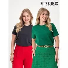 KIT 2 PEÇAS CAMISETA FEMININA BÁSICA MANGA ALONGADA ANA GRAFITE E VERDE FOLHA BLUSA DO BRASIL