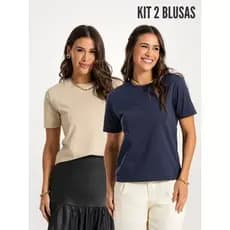 KIT 2 PEÇAS CAMISETA FEMININA BÁSICA MANGA ALONGADA ANA BEGE E MARINHO