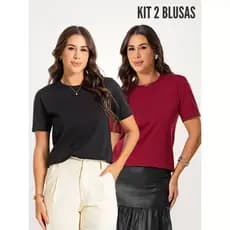 KIT 2 PEÇAS CAMISETA FEMININA BÁSICA MANGA ALONGADA ANA PRETO E VINHO
