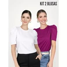 KIT 2 PEÇAS BLUSA FEMININA MANGA BUFANTE DE ALGODÃO LISA SERENA BRANCO E VIOLETA
