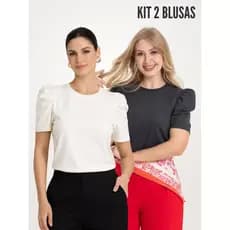 KIT 2 PEÇAS BLUSA FEMININA MANGA BUFANTE DE ALGODÃO LISA SERENA