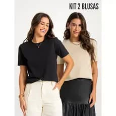 KIT 2 PEÇAS CAMISETA FEMININA BÁSICA MANGA ALONGADA ANA PRETO E BEGE