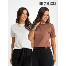 KIT 2 PEÇAS CAMISETA FEMININA BÁSICA MANGA ALONGADA ANA OFF WHITE E MARROM