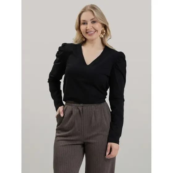 Blusa Feminina em Algodão Premium Decote V com Manga Longa Bufante Elisa Preto Frio Inverno Estilosa