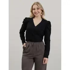 Blusa Feminina em Algodão Premium Decote V com Manga Longa Bufante Elisa Preto Frio Inverno Estilosa
