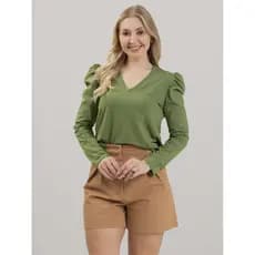 Blusa Feminina em Algodão Premium Decote V Manga Longa Bufante Elisa Verde Oliva Frio Inverno Estilo