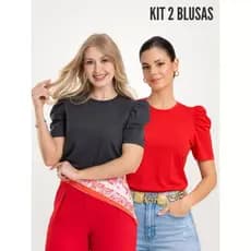 KIT 2 PEÇAS BLUSA FEMININA MANGA BUFANTE DE ALGODÃO LISA SERENA GRAFITE E VERMELHO