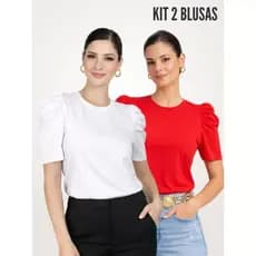 KIT 2 PEÇAS BLUSA FEMININA MANGA BUFANTE DE ALGODÃO LISA SERENA BRANCO E VERMELHO