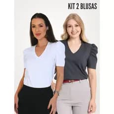 KIT 2 PEÇAS CAMISETA FEMININA DE ALGODÃO MANGA BUFANTE DECOTE V ALICE