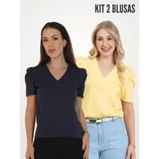 KIT 2 PEÇAS CAMISETA FEMININA DE ALGODÃO MANGA BUFANTE DECOTE V ALICE MARINHO E AMARELO CLARO